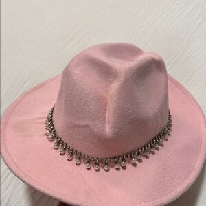 Elegant Pink Fedora with Rhinestone Trim